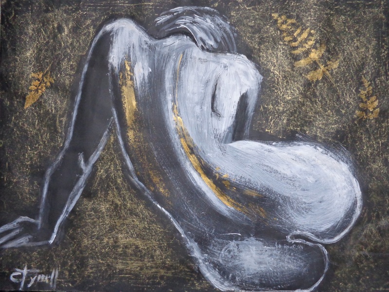 Curves 34 and Golden Fern - Female Nude.jpg :: Original contemporary figurative painting on black paper, unframed. Inspired by both series \
