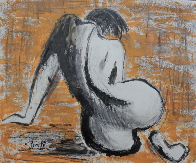 Curves 36 - Female Nude.jpg :: Original contemporary figurative painting on paper, unframed. Part of the successful series Curves - Female Nude.  Painting made using charcoal and black and yellow ocher acrylics.  Size 20\