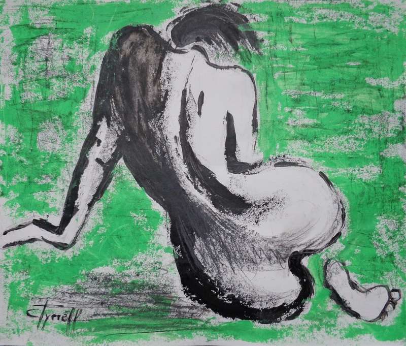 Curves 37 - Female Nude.jpg :: Original contemporary figurative painting on paper, unframed. Part of the successful series Curves - Female Nude.  Painting made using charcoal and black and green acrylics.  Size 20\