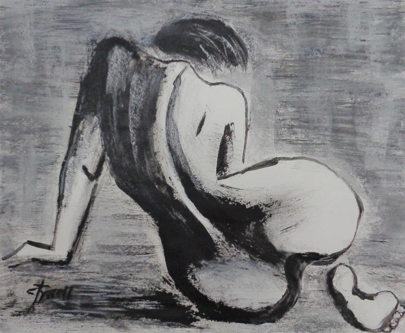 Curves 38 - Female Nude.jpg :: Original contemporary figurative painting on paper, unframed. Part of the successful series Curves - Female Nude.  Painting made using charcoal, grey pastel and black acrylic. Size 20\