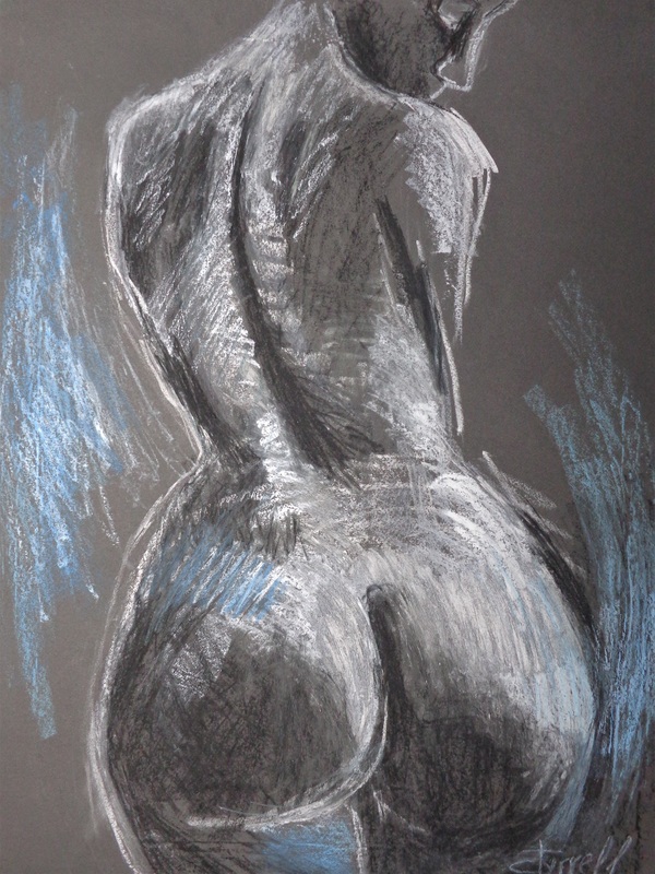 Curvy Nude Back.jpg :: Original figurative oil pastels drawing on paper, unframed. Starting a new series of female nude drawings on black paper experimenting with Sennelier iridescent oil pastels to create expressive texture and movement. Curvy female nude back drawing using blue, white and silver  Size 60 cm x 80 cm (23.5\