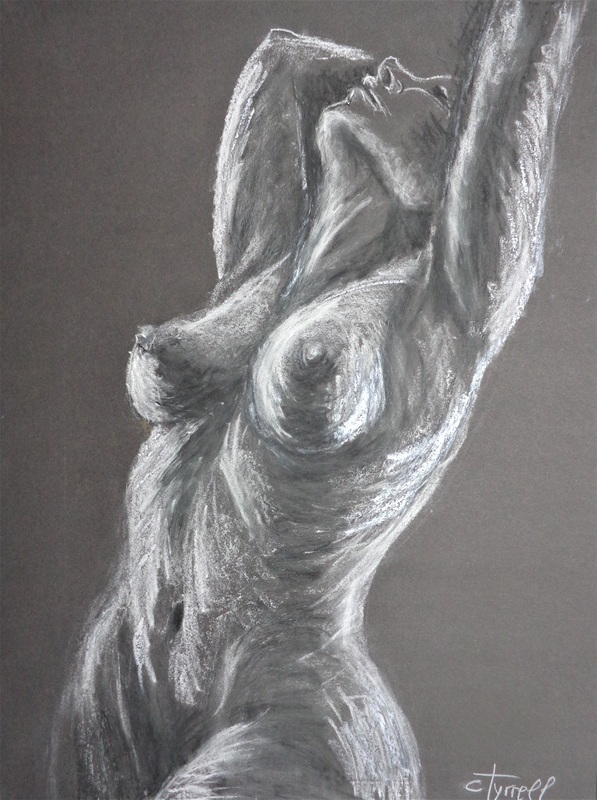 Curvy Nude Front.jpg :: Original figurative oil pastels drawing on paper, unframed. Starting a new series of female nude drawings on black paper experimenting with Sennelier iridescent oil pastels to create expressive texture and movement. Monochrome curvy female nude front using white and silver. Size 60 cm x 80 cm (23.5\