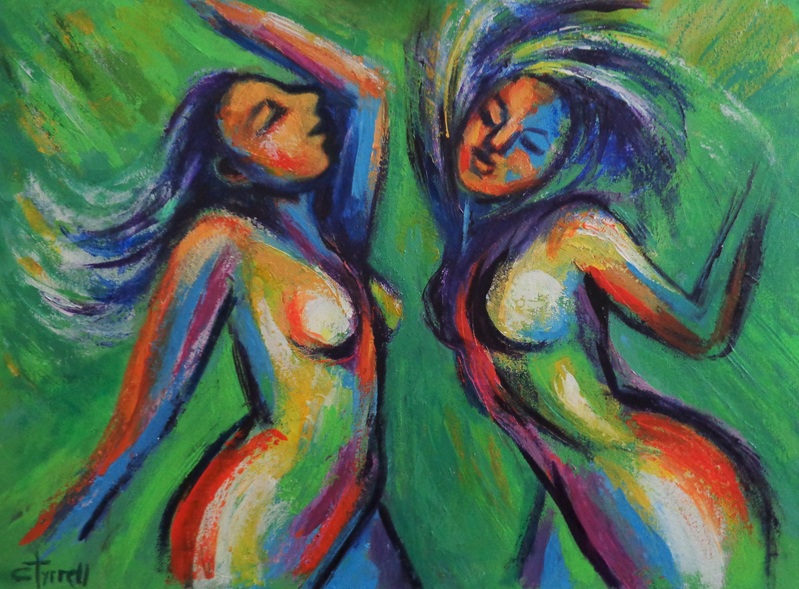 Dance Colours and Nature 1.jpg :: Original figurative expressionist painting on canvas, painted edges and ready to hang. Multi-coloured and textured work, energetic and spontaneous image of female figures dancing and enjoying in the nature. The series depicts the beauty of humans interacting with Nature. The representation of female nudes enjoying the Nature is a symbol of purity and liberation, as humans we are part of it.Size 60 cm x 80 cm x 1.5 cm (23.5\