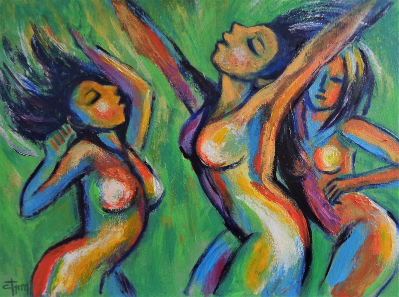 Dance Colours and Nature 2.jpg :: Original figurative expressionist painting on canvas, painted edges and ready to hang. Multi-coloured and textured work, energetic and spontaneous image of female figures dancing and enjoying in the nature.The series depicts the beauty of humans interacting with Nature. The representation of female nudes enjoying the Nature is a symbol of purity and liberation, as humans we are part of it.  Size 60 cm x 80 cm x 1.5 cm (23.5\