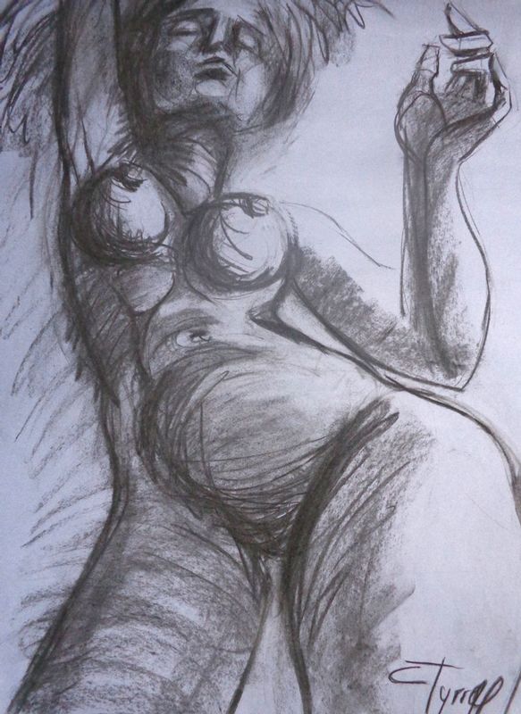 Dancing - Female Nude.jpg :: Original unique contemporary figurative charcoal drawing on light blue paper, unframed. Perspective view of a female nude's  movement during the dance. Size 60 cm x 80 cm (23.5\