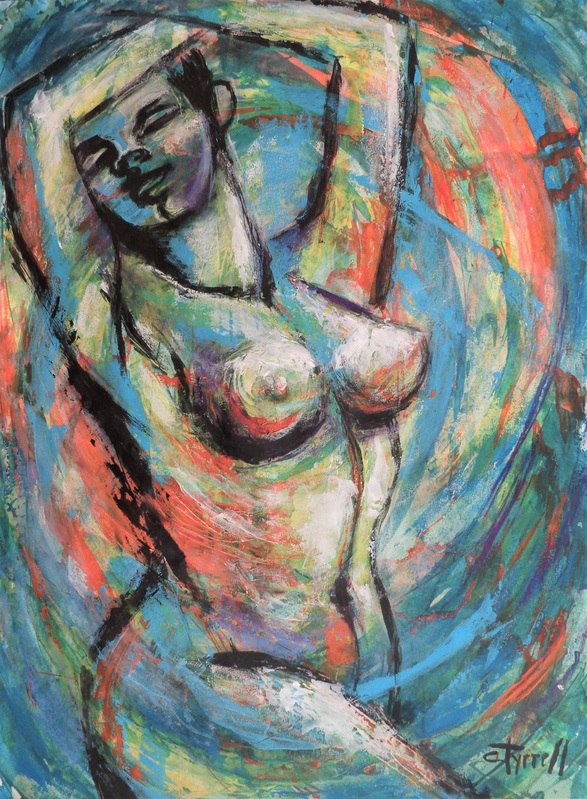 Dancing With The Wind 1.jpg :: Original figurative acrylics painting on acid free paper, unframed. Energetic artwork, large strokes of green, yellow, orange and blue  colours made using the pallet knife. Image of a happy young woman dancing in the Nature on windy weather. It is part of a new series of paintings, tribute to Mother Nature.The series depicts the beauty of humans interacting with Nature. The representation of female nudes enjoying the Nature is a symbol of purity and liberation, as humans we are part of it.Size 76 cm x 56 cm (30\