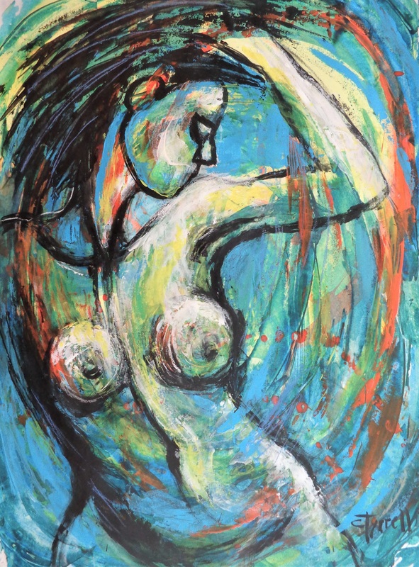 Dancing With The Wind 2.jpg :: Original figurative acrylics painting on acid free paper, unframed. Energetic artwork, large strokes of green, yellow, orange and blue  colours made by using the pallet knife. Image of a happy young woman dancing in the Nature on windy weather. It is part of a new series of paintings, tribute to Mother Nature.The series depicts the beauty of humans interacting with Nature. The representation of female nudes enjoying the Nature is a symbol of purity and liberation, as humans we are part of it.Size 76 cm x 56 cm (30\