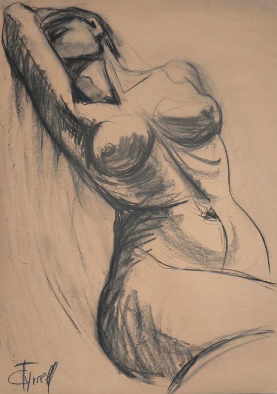Dramatic - Female Nude.jpg :: Original unique contemporary figurative charcoal drawing on cream paper, unframed. Image of a female nude in a dramatic posture. Size 33\