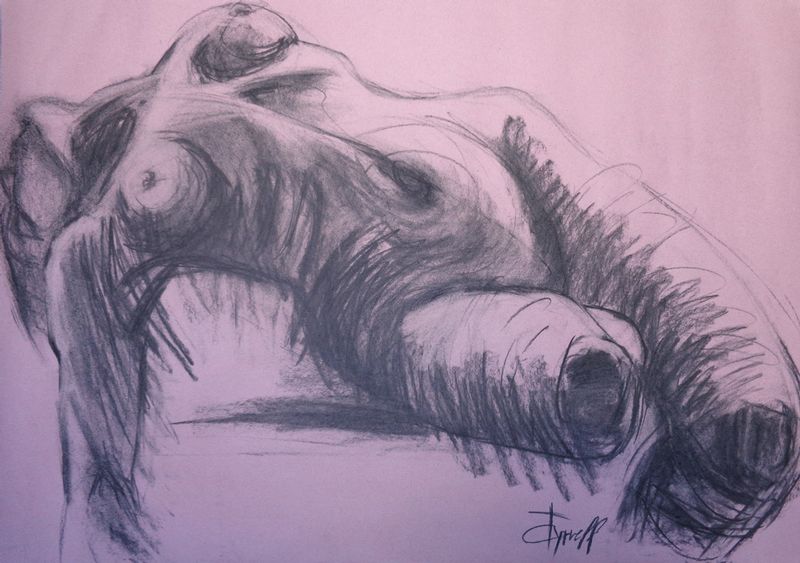 Dramatic 2 - Female Nude.jpg :: Original unique contemporary figurative charcoal drawing on light pink paper, unframed. Image of a female nude in a dramatic posture. Size 33\