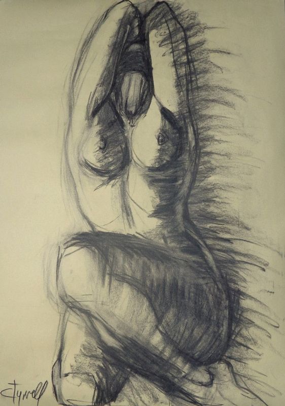 Dramatic 3 - Female Nude.jpg :: Original unique contemporary figurative charcoal drawing on light yellow paper, unframed. Frontal image of a female nude on her knees in a dramatic posture. Size 33\
