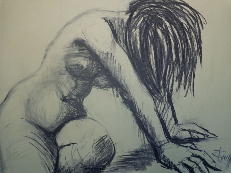 Dramatic 4 - Female Nude.jpg :: Original unique contemporary figurative charcoal drawing on light yellow paper, unframed. Frontal image of a female nude on her knees in a dramatic posture. Size 31.5\