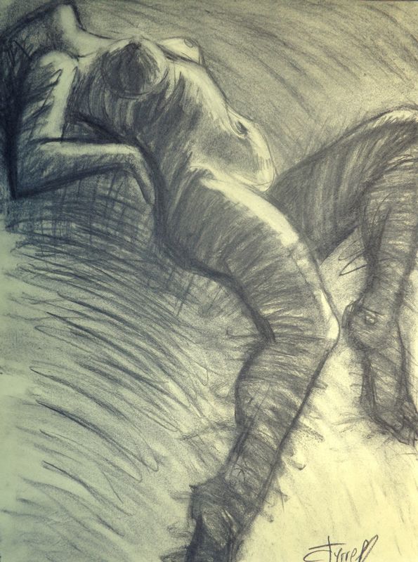 Dramatic 5 - Female Nude.jpg :: Original unique contemporary figurative charcoal drawing on paper, unframed. Inspired by as image of a woman resting on a cliff, I decided to create a dynamic image with movement. Size 80 cm x 60 cm (31.5\
