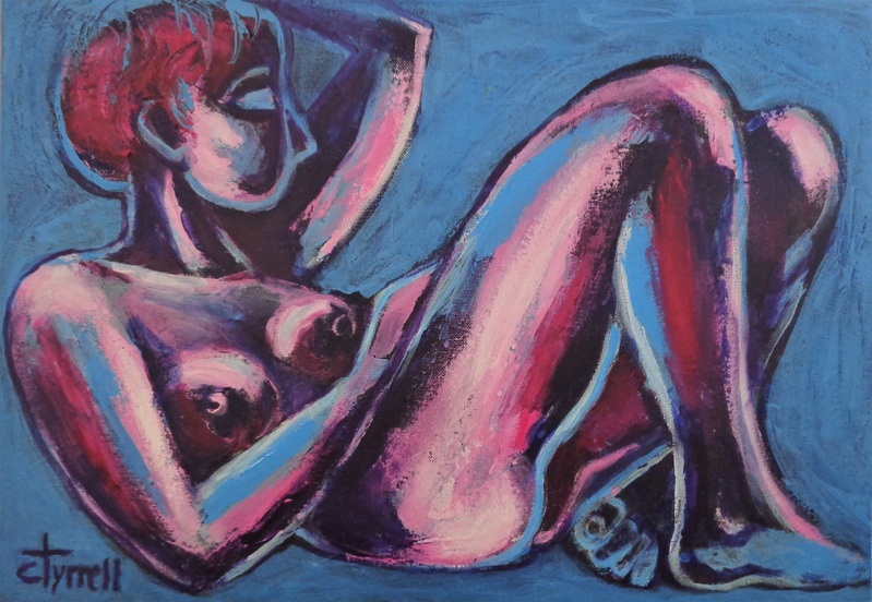Dreaming 1.jpg :: Original contemporary figurative painting on canvas, painted edges and ready to hang. Part of a new series of female nude figures resting and enjoying their time without a care in the world. The main colours are blue, magenta and purple. Size 42 cm x 60 cm x 1.5 cm (16.5\