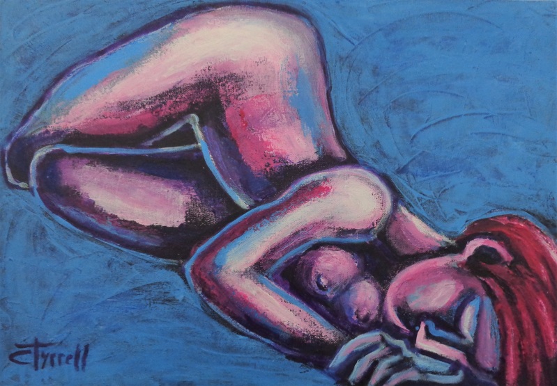 Dreaming 2.jpg :: Original contemporary figurative painting on canvas, painted edges and ready to hang. Part of a new series of female nude figures resting and enjoying their time without a care in the world. Image of a woman lying face down.The main colours are blue, magenta and purple. Size 42 cm x 60 cm x 1.5 cm (16.5\