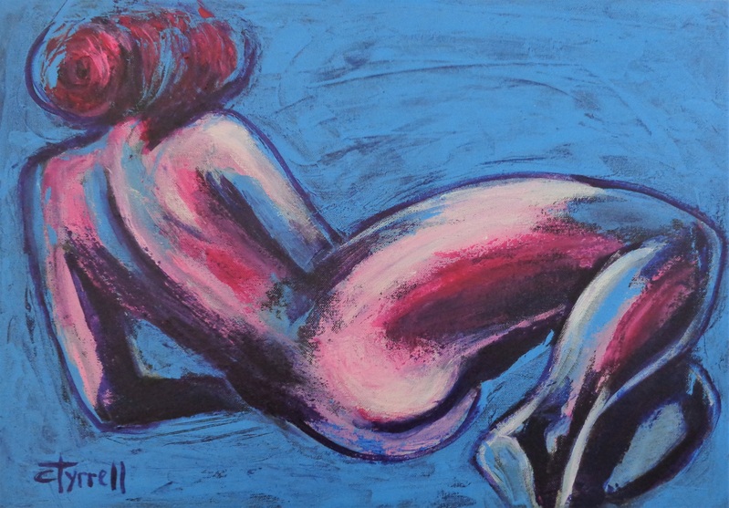 Dreaming 3.jpg :: Original contemporary figurative painting on canvas, painted edges and ready to hang. Part of a new series of female nude figures resting and enjoying their time without a care in the world. Image of a resting woman turning her back. The main colours are blue, magenta and purple. Size 42 cm x 60 cm x 1.5 cm (16.5\