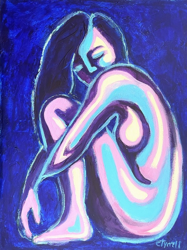 Dreaming Lady.jpg :: Original acrylics painting on canvas, painted edges and ready to hang. First painting in a series of three, showing three different postures of female figures resting and unwinding. The colours used are predominating blue with some pink and white suggesting  cool air of summer nights. \