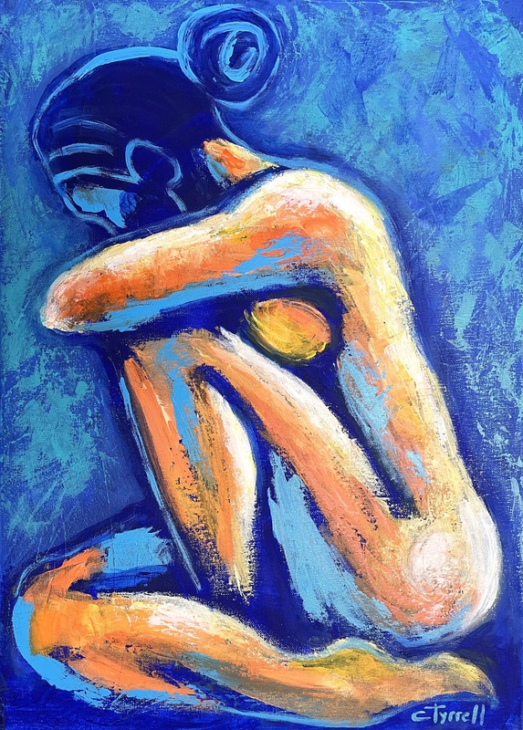 Echoes Of Love.jpg :: Original expresionist acrylics painting on canvas, painted edges and ready to hang. Frame is optional. Colourful and textured painting made with layers of blue, teal, yellow and orange acrylics applied with the palette knife. A melancholic woman is seated with her face and arms propped on her knees. BLUE colour here symbolizes her emotional inner peace reflecting over her past love. Size 42cm x 60 cm x 1.5 cm.
Certificate of Authenticity. Quality art materials used and matte varnish protected. Deliver professionally protected and packed in a cardboard box. To be sold only in U.K., FREE delivery.