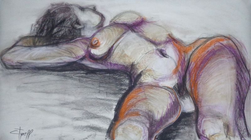 Erotic - Female Nude.jpg :: Original figurative charcoal drawing on paper, unframed. Impressive life size drawing made using XL charcoal blocks and pastels. Erotic and sensual perspective image of a female nude lying down. Size 22\