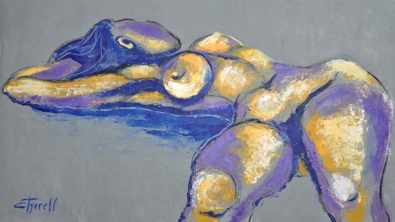 Erotic Lying Down 2.jpg :: Original contemporary figurative acrylics painting on textured paper, unframed. Colourful and textured painting made using grey, orange, blue and purple paints applied with the palette knife. Impressive large painting, erotic and sensual foreshorten image of a female nude lying down. Quality art materials used and matte varnish protected. Size 20.5\