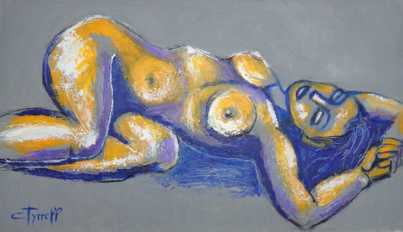Erotic Lying Down 3.jpg :: Original contemporary figurative acrylics painting on textured paper, unframed. Colourful and textured painting made using grey, orange, blue and purple paints applied with the palette knife. Impressive large painting, erotic and sensual image of a female nude lying down. Quality art materials used and matte varnish protected. Size 20.5\