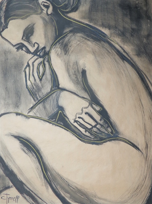 Fascinating - Female Nude.jpg :: Original contemporary figurative black watercolour and pastel painting on brown paper, unframed. Frame required. Profile of a seated sensual female nude. Spontaneous painting with large brush strokes. Size 85 cm x 65 cm ( 33.5\