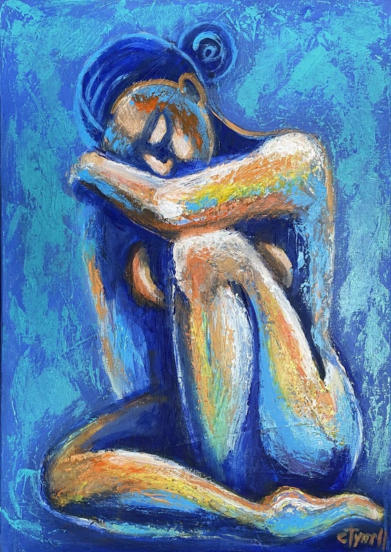 Feeling In Love.jpg :: Original expressionist figurative acrylics painting on canvas, painted edges and ready to hang. Frame is optional. Colourful and textured painting made with layers of blue, teal, yellow and orange acrylics applied with the palette knife. BLUE colour here symbolizes serenity, stability, wisdom, and trust, peaceful, soothing and relaxing. Size 42 cm x 60 cm x 1.5 cm. 
Frontal image of a melancholic nude woman thinking about her lover. Certificate of Authenticity. Quality art materials used and matte varnish protected. Deliver professionally protected and packed in a cardboard box. To be sold only in U.K., FREE delivery.