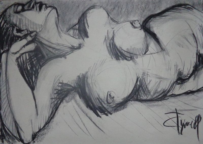 Fervent - Female Nude.jpg :: Original unique contemporary figurative charcoal drawing on paper, unframed. I think about this image as a landscape in perspective. I would like to guide the viewer eye to travel from the foreground, beginning from the elbow, over face profile line,neck, breasts and over hips . Size 60 cm x 84 cm (23.5\