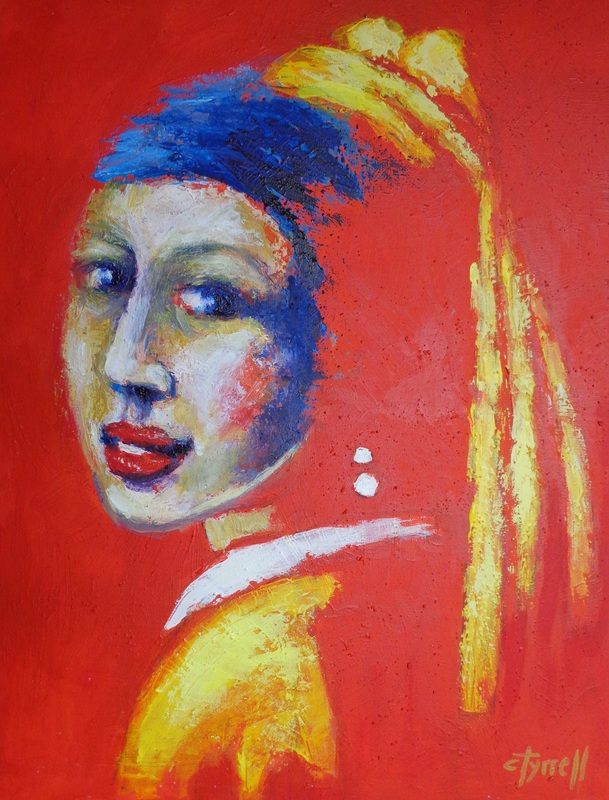 Girl With A Pearl Earring - Red Portrait.jpg :: Reworked. Original contemporary figurative acrylics painting on canvas, painted edges and ready to hang. Frame is optional. A semi-abstract portrait of a sensual young woman.  My interpretation inspired by Vermeer painting, \