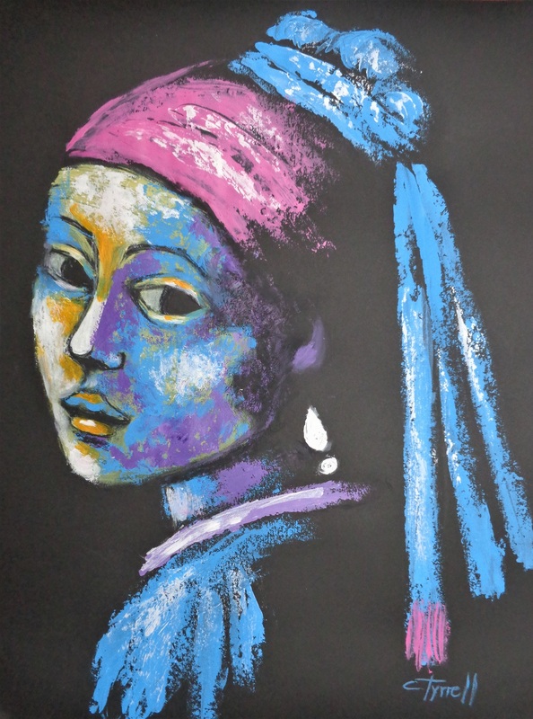 Girl With A Pearl Earring And Pink Scarf - Portrait.jpg :: Original figurative acrylics painting on black paper, unframed. Part of the series of portrait paintings \