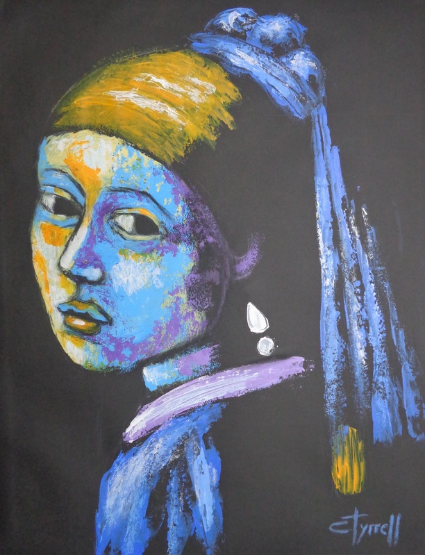 Girl With A Pearl Earring And Yellow Scarf - Portrait.jpg :: Original figurative acrylics painting on black paper, unframed. Part of the series of portrait paintings \