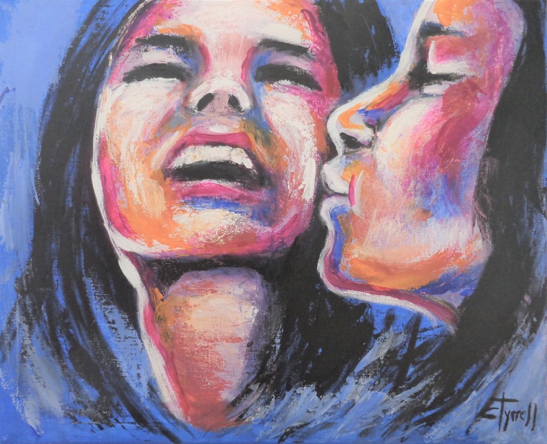 Girls Best Friends.jpg :: Original contemporary figurative acrylics painting on canvas, painted edges and ready to hang. Portrait of two happy best friends girls giving a kiss on the cheek.  A cheerful and uplifting image as design and colours. Colourful and textured painting using blue, orange, and red. I use very often BLUE as symbol of happiness, the way I feel when I look at blue sky or clear water. Size 60 cm x 50 cm x 1.5 cm (24\