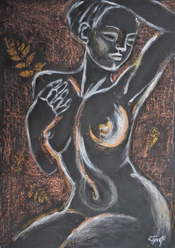 Golden Fern 1 - Female Nude.jpg :: Original contemporary figurative acrylic and pastels painting on black paper, unframed. First in a series of female nude postures with iridescent copper accents and leaves motifs. Size 59 cm x 84 cm (23.5\