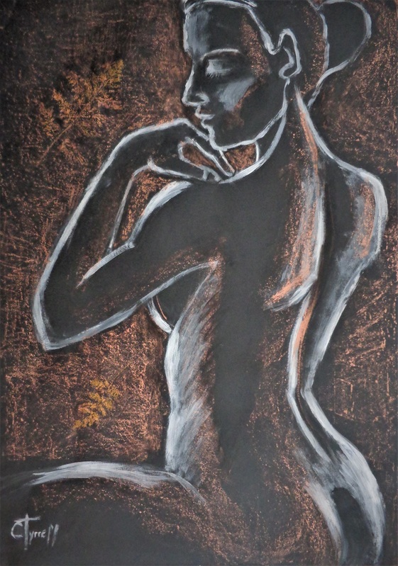 Golden Fern 2 - Female Nude.jpg :: Original contemporary figurative acrylic and pastels painting on black paper, unframed. Part of a series of female nude postures with iridescent copper accents and leaves motifs. Size 59 cm x 84 cm (23.5\