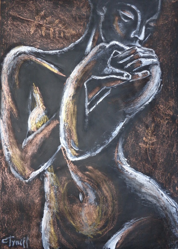 Golden Fern 3 - Female Nude.jpg :: Original contemporary figurative acrylic and pastels painting on black paper, unframed. Third in the series showing different female nude postures with iridescent copper - gold accents and leaves motifs. Size 58 cm x 83 cm (22\