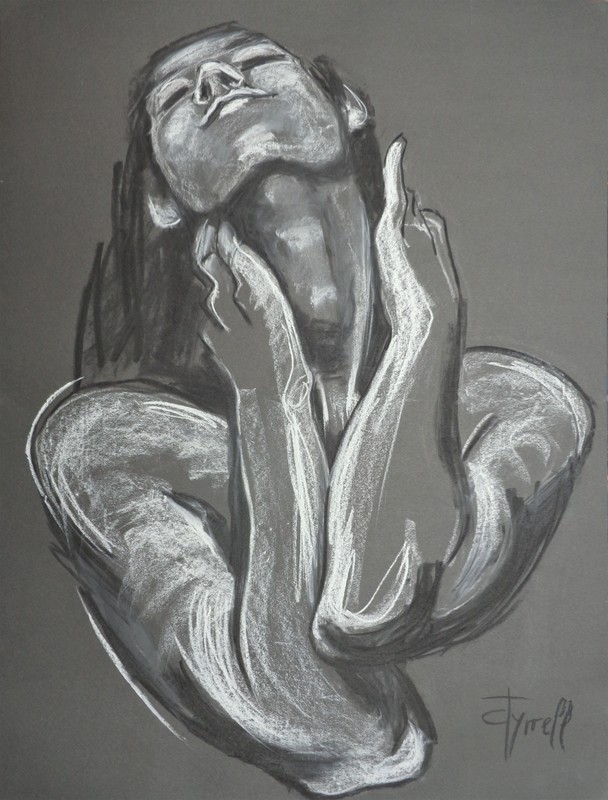 Great Satisfaction - Portrait Of A Woman.jpg :: Original contemporary figurative charcoal and white pastel drawing on black paper, unframed. New series of monochrome modern and spontaneous portrait drawings of women expressing feelings and moods. Image of a happy young woman enjoying her success. Size 60 cm x 80 cm (23.5\