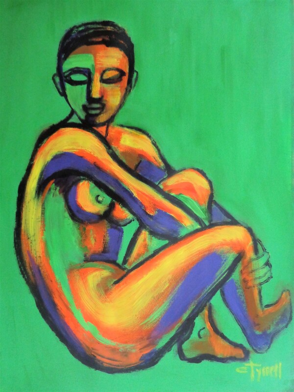 Green And Orange Figure.jpg :: Original figurative painting on acid free quality paper, unframed. Part of a new series of colourful expressionist acrylic paintings of nude figures. Showing here side of a seated nude, made using green, orange, yellow and purple acrylic colours.  
Size 60 cm x 80 cm ( 23.5\