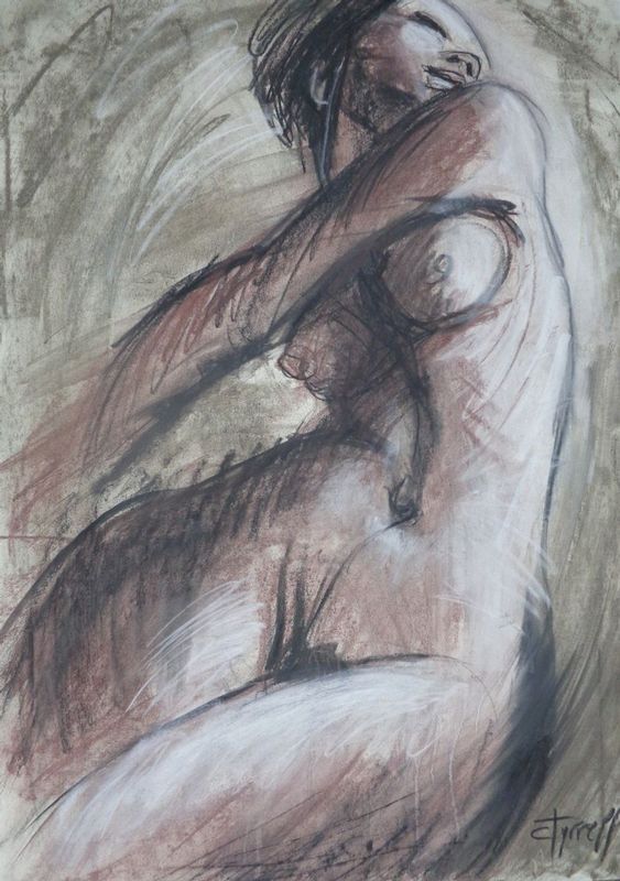 Happy - Female Nude.jpg :: Original figurative charcoal drawing on paper, unframed. Spontaneous and energetic life size drawing made using XL charcoal blocks. Frontal image of a woman in a happy mood.  Quality fixative spray used. Size 22\