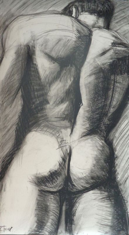 Heracles - Male Nude.jpg :: Heracles, powerful god. Original unique contemporary figurative charcoal drawing on paper, unframed. Image of a male nude view from the rear. This work is part of  a new series of large drawings of female and male figures. The series is an homage to the harmonious human body inspired by the richness of Art History.  I selected gods and goddess names from Greek Mythology. Each drawing is an impressive real life size 22\