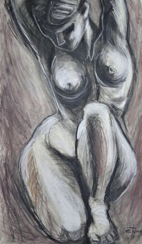 Kneeling 3A - Female Nude.jpg :: Original contemporary figurative charcoal drawing on paper, unframed. Life size drawing made using XL charcoal blocks. Frontal image of a nude woman kneeling. Size 22\