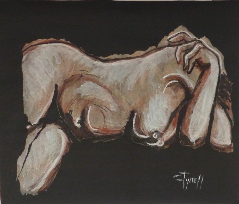 Lonely Night - Female Nude.jpg :: Original contemporary collage acrylics and pastels painting on black paper, unframed. Image of an emotionally distressed female nude lying down. The initial painting was torn in specific patterns and glued onto the black paper to create powerful expressivity.
Size 30\