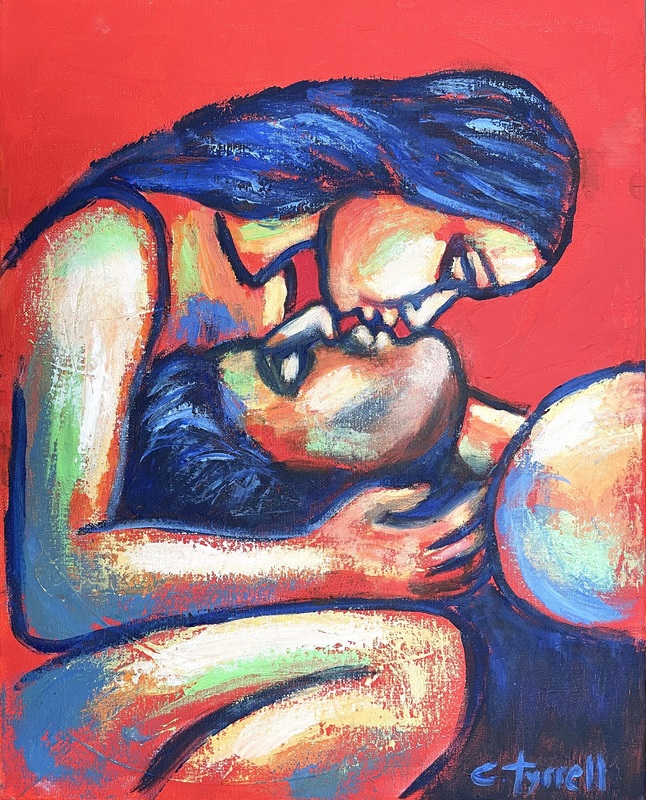 Lovers - Affection.jpg :: Original figurative acrylics painting on canvas, painted edges and ready to hang. Romantic and emotional moment between a man and a woman. The woman is holding and affectionately kissing the man who lays down with his head on her lap. Textured painting with warm colours where predominat red enhances the feeling of love. Size 50cm x 40cm x 1.5 cm (20\