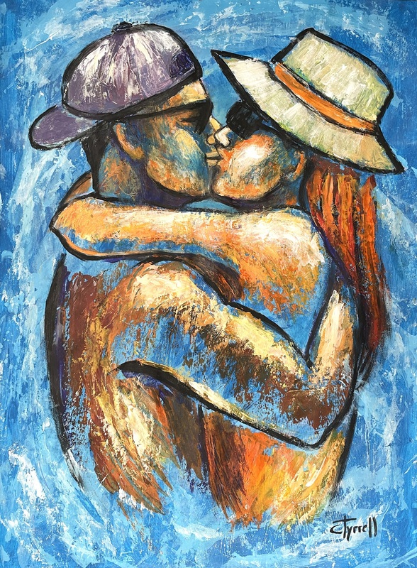 Lovers - By The Sea.jpg :: Original acrylics painting on  paper, colourful and textured, unframed. Uplifting image of an embraced couple, man and woman, enjoying their holiday by the sea. Spontaneous style of work using blue, orange, red and yellow. Size 60 cm x 80 cm (23.5\