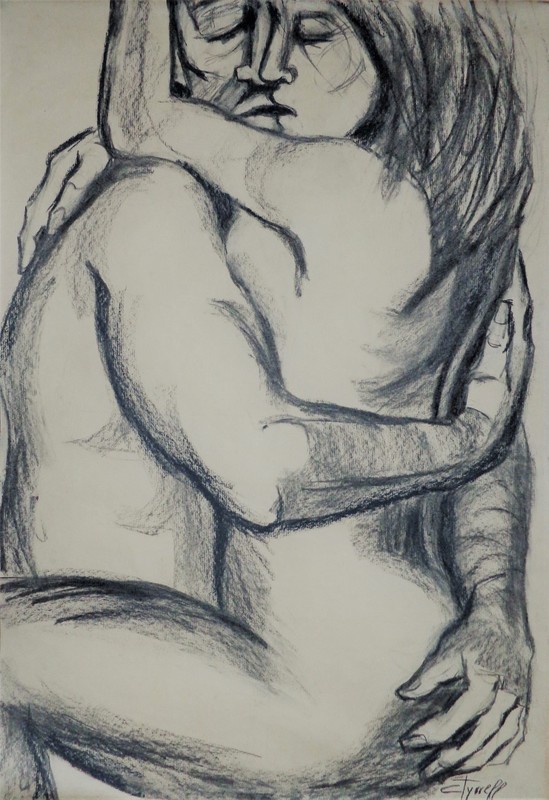 Lovers - Commitment.jpg :: Original figurative charcoal drawing on brown paper, unframed. Powerful and emotional image of a passionately embraced couple in love. Size 68 cm x 98 cm (27\