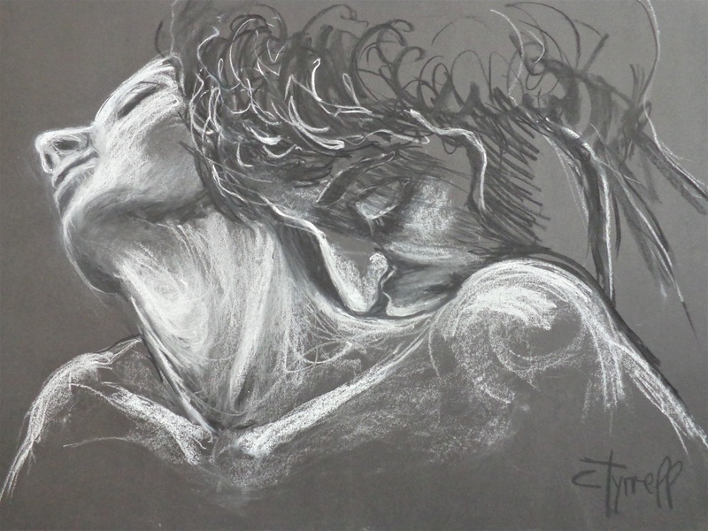 Lovers - Desire.jpg :: Original contemporary figurative charcoal and white pastel drawing on black paper, unframed. Frame required. Monochrome modern style. Romantic and sensual portrait of a passionate couple in love. Image of a man kissing woman's neck. Size 59 cm x 80 cm (23.5\