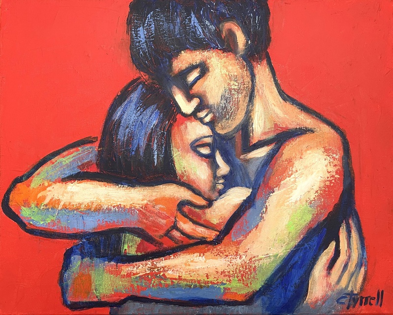 Lovers - Emotion.jpg :: Original figurative acrylics painting on canvas, painted edges and ready to hang. The scene shows emotional moment between a man and a woman. The man embraces passionately the woman who feels his power of love and protection.Textured painting with warm colours where predominat red enhances the feeling of love. Size 50cm x40cm x 1.5 cm (20\