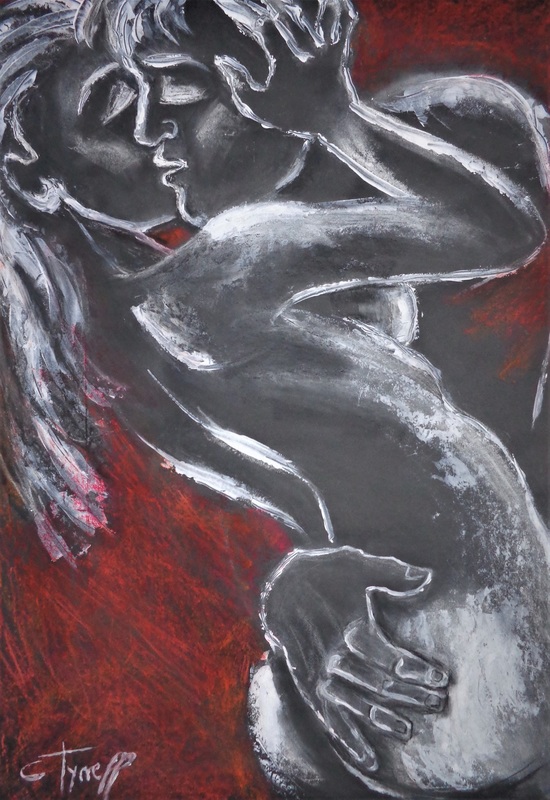 Lovers - HOT NIGHT 4.jpg :: Original contemporary figurative painting, unframed. White acrylic and red pastel on black paper, part of a new series of erotic and sensual drawings of passionate lovers. Size 59 cm x 84 cm (23.5\