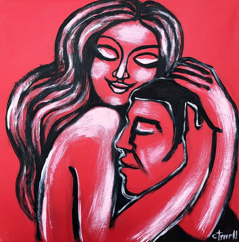 Lovers - Happiness.jpg :: Original figurative painting on red cartridge, unframed. Sensual and emotional image of a woman embracing a man in her arms. Use of black and white acrylic colours on red paper. Size 50 cm x 50 cm (20\