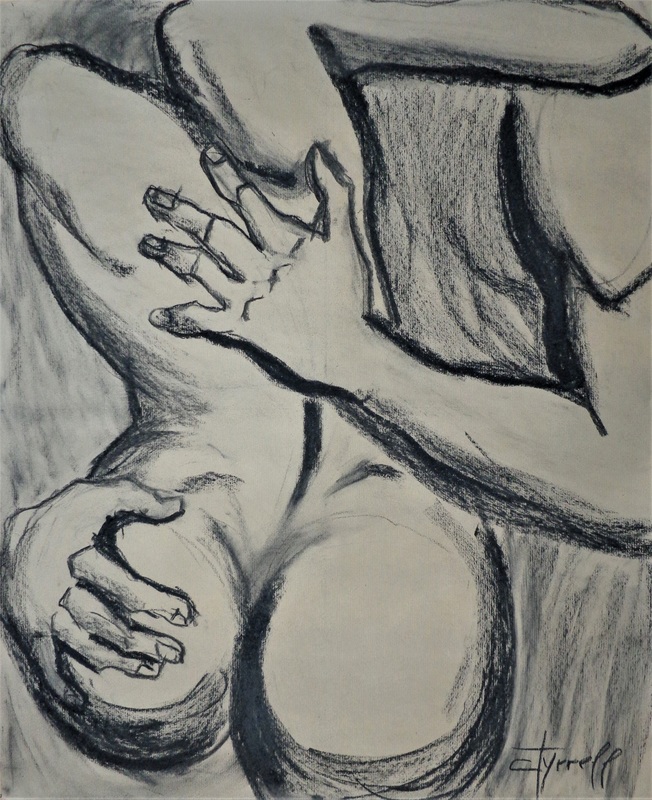 Lovers - Hot Blood.jpg :: Original contemporary figurative charcoal drawing on brown paper, unframed. Sensual rear image of a passionately embraced nude man and woman. Size 70 cm x 85 cm (27.5\