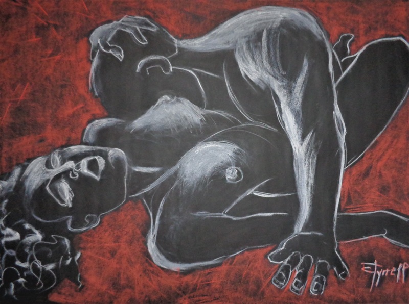 Lovers - Hot Night 1a.jpg :: Original contemporary figurative drawing on paper, unframed. White and red pastels on black paper, first of a new series of erotic and sensual drawings of passionate lovers. Size 70 cm x 100 cm (27.5\