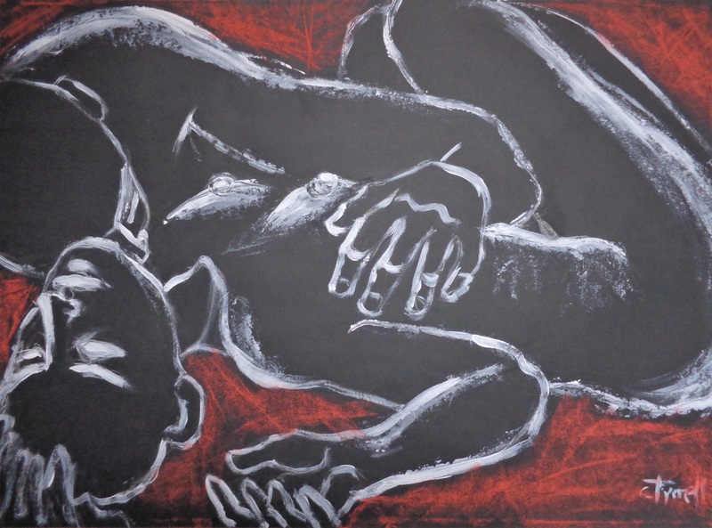 Lovers - Hot Night 2.jpg :: Original contemporary figurative painting on paper, unframed. White acrylic and red pastel on black paper, part of a new series of erotic and sensual drawings of passionate lovers. Size 59 cm x 84 cm (23.5\